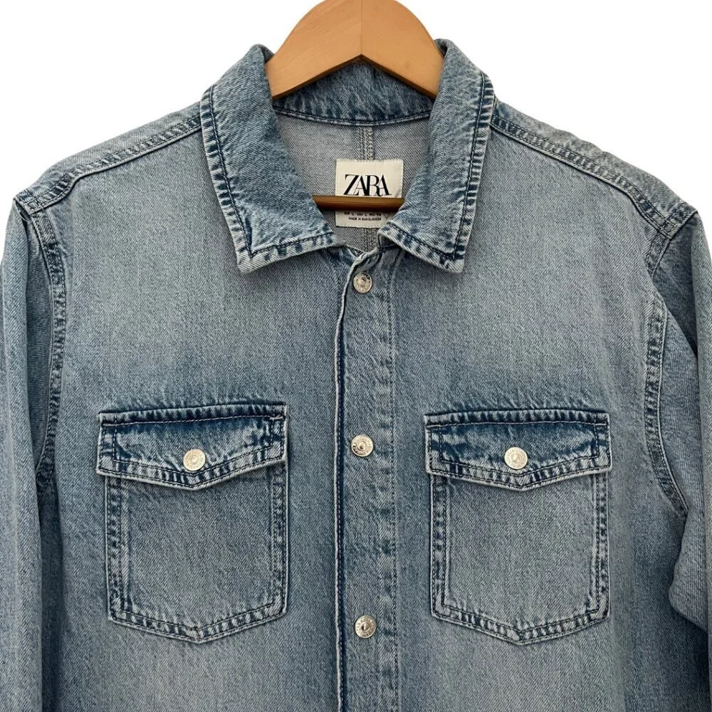 Zara Lightwash Denim Long Sleeve Button Front Jumpsuit NWT Size L
